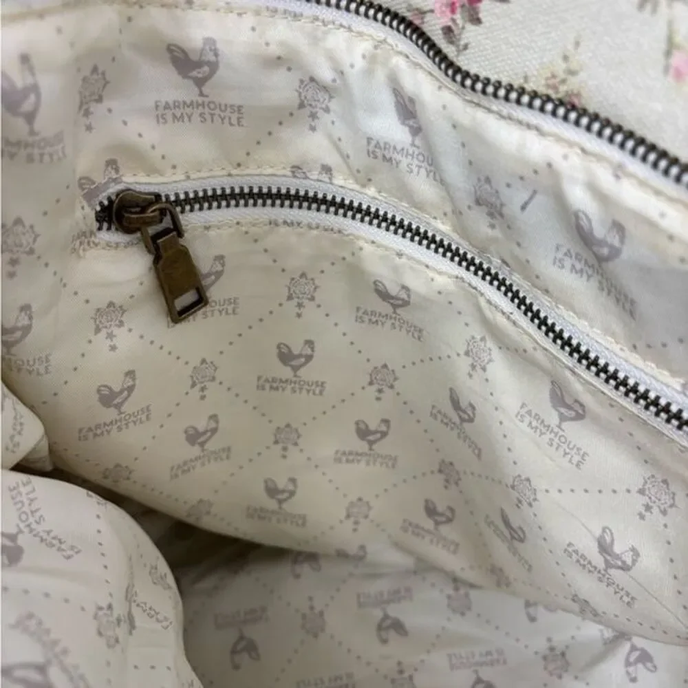Farmhouse is My Style Cream Ivory Tote‎ Bag Purse Pink Floral Embroidery